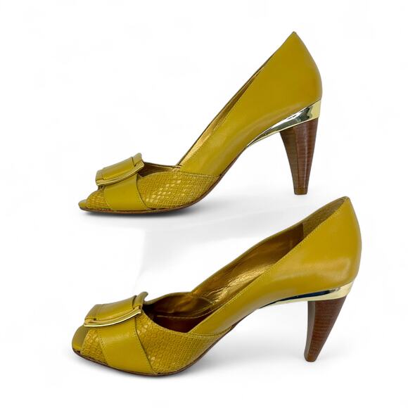 Klub Nico Women's Peep Toe Heels Size BZ 37 US 8 Mustard Yellow Square Buckle - Picture 8 of 13